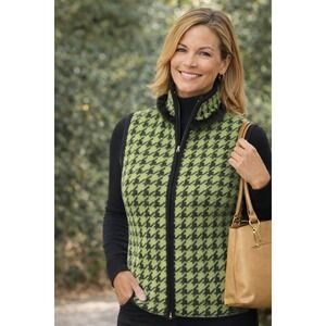 Tally-Ho Womens 100% Wool Houndstooth Zip Up Vest Faux Fur Trim Green Black S
